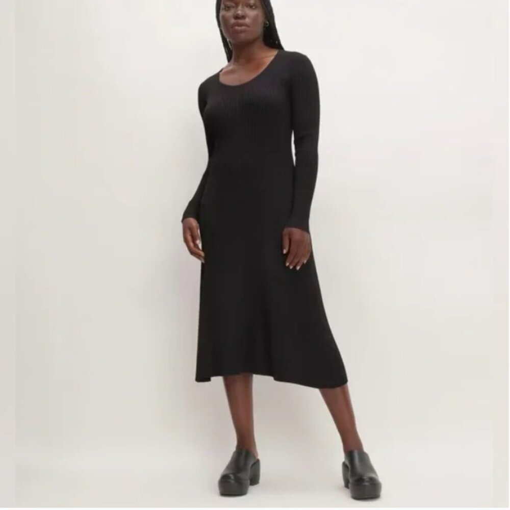 NWT Everlane Ribbed Scoop Neck Long‎ Sleeve Midi Dress in Black Snall